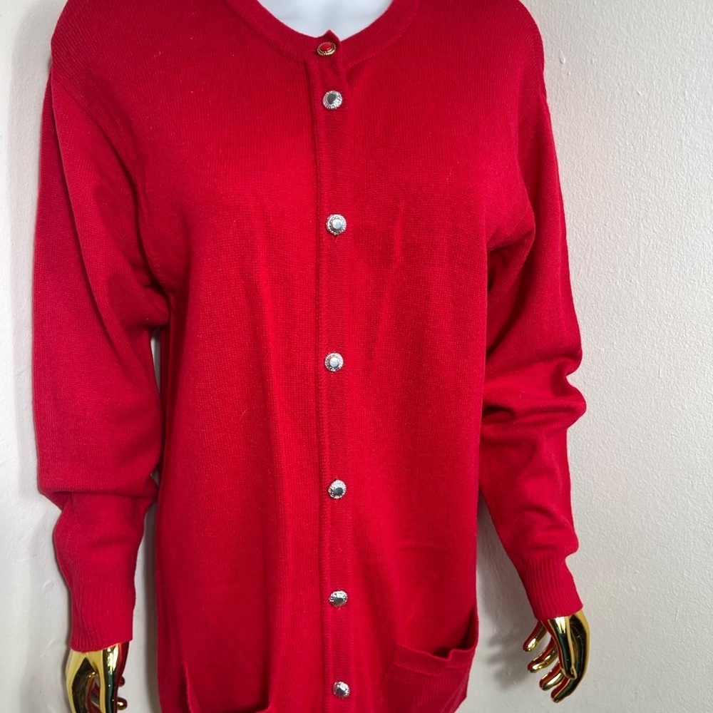 Button down red holiday lambswool Cardigan Sweater - Picture 3 of 7